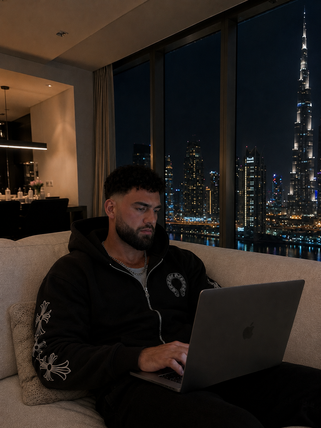 Founder in a black hoodie working on a laptop with a city skyline at night behind him
